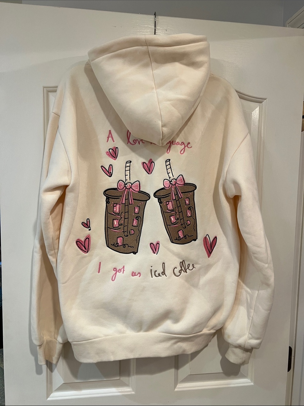 Women's Oversized Cream Hoodie with Cute Iced Coffee Graphic